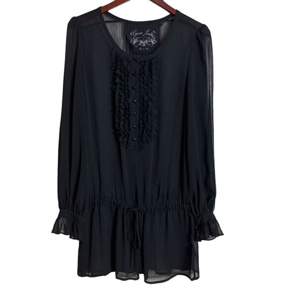Vintage Guess Jeans Sheer Black Blouse Tunic Top Whimsigoth Dropwaist Blouson L - Picture 1 of 13